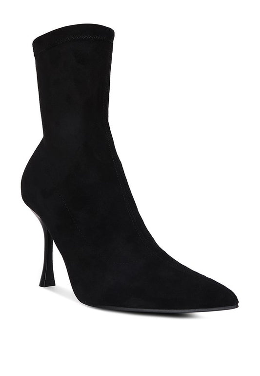 Cat Burglar 60s Stretch Faux Suede Pointed Toe Stiletto Boots in Solid Black | Rag & Company