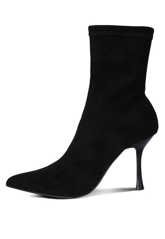 Cat Burglar Stretch Faux Suede Pointed Toe Stiletto Boots in Solid Black | Rag & Company