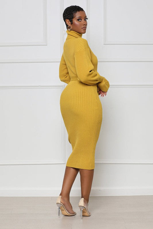 Carol Long Sleeve Bodycon Turtleneck Midi Yellow Sweater Dress