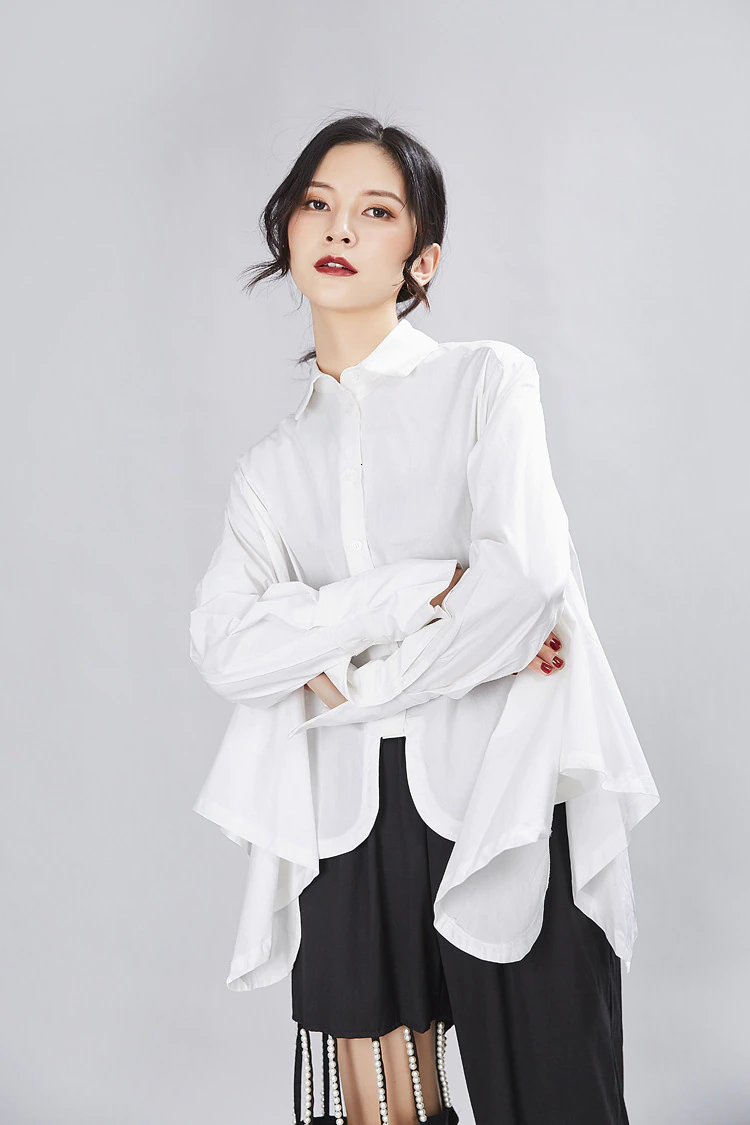 Sonoya Irregular Tulip Hem Oversized Shirt  in White Cotton | Marigold Shadows