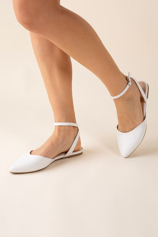 Clarissa Ankle Strap Pointed Toe Flats in Black or White Faux Patent
