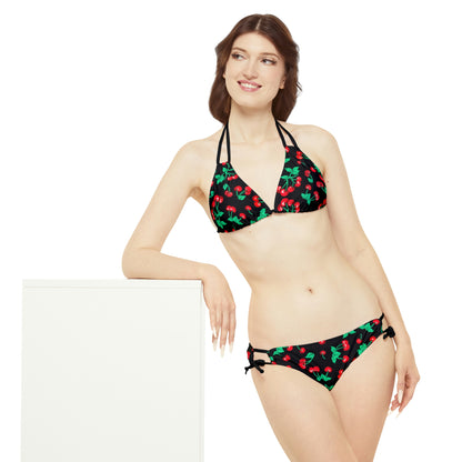 Alex Strappy Bikini Set in Black Vintage Cherry Print| Pinup Couture Swim