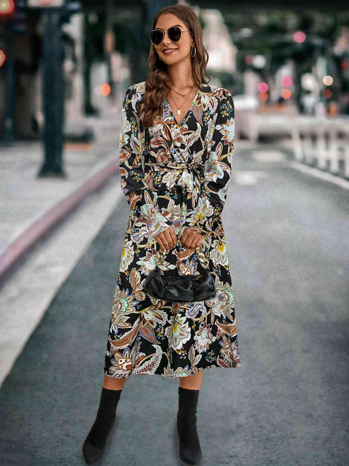 Alexa Flowers Surplice Flounce Sleeve Printed Floral Dress | 2 Colors | Poundton