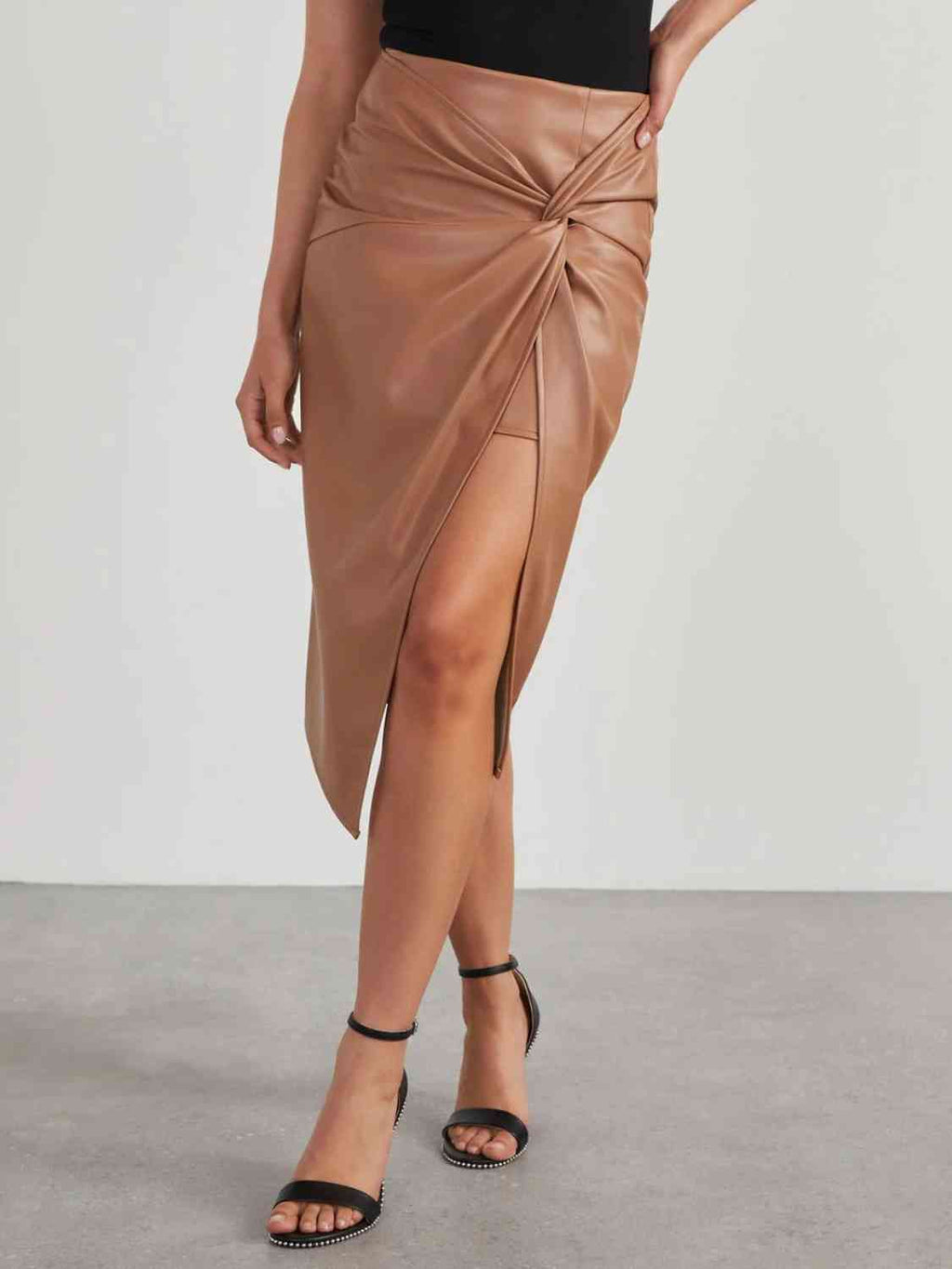 Sandra Twist Detail Faux Stretch Leather High Waist Skirt | 2 Colors