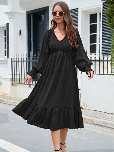 Zoe Swiss Dot V-Neck Smocked Lantern Sleeve Ruffle Hem Dress | 4 Colors