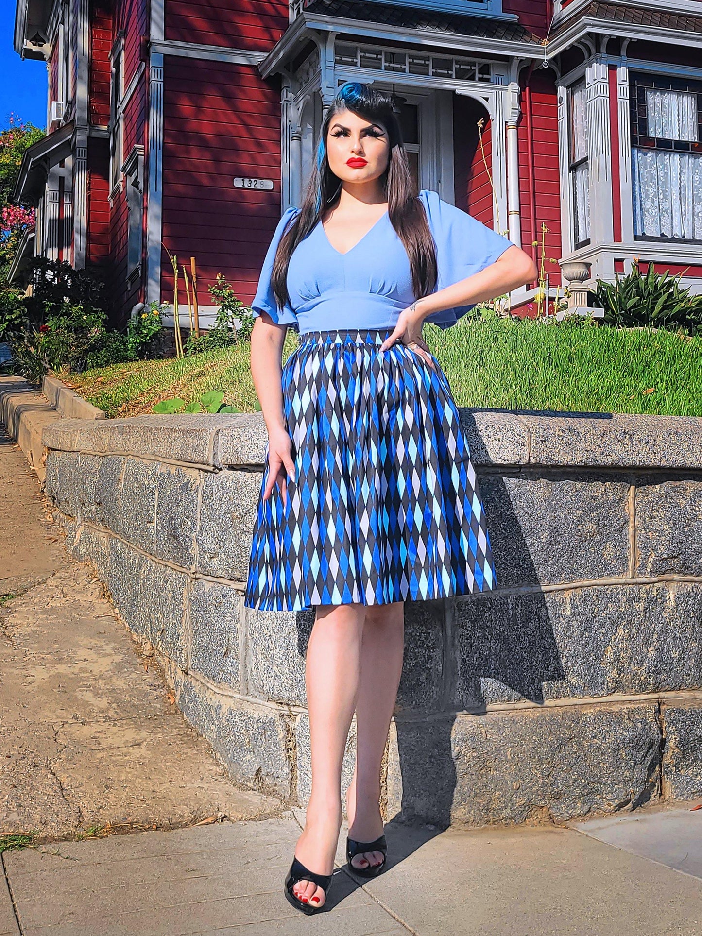 Bella Vintage Gathered Swing Skirt in Blue House Harlequin | Pinup Couture - pinupgirlclothing.com
