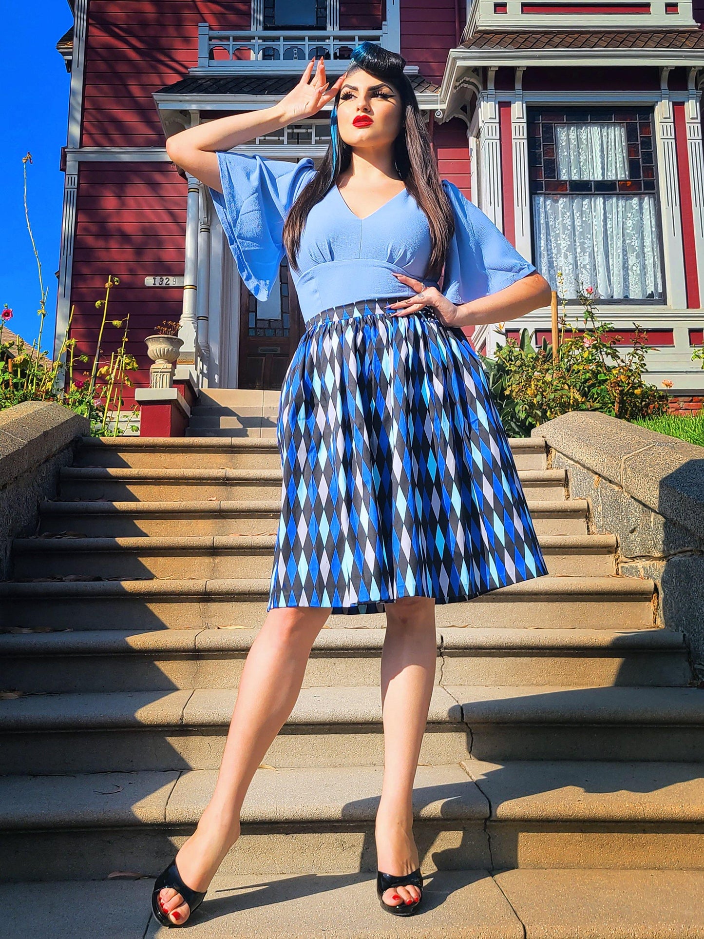 Bella Vintage Gathered Swing Skirt in Blue House Harlequin | Pinup Couture - pinupgirlclothing.com