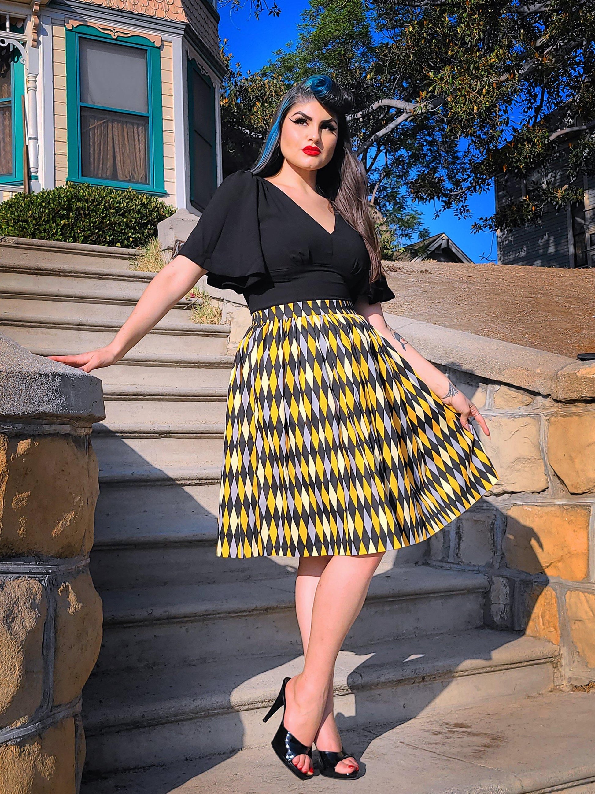 Bella Vintage Gathered Swing Skirt in Yellow House Harlequin | Pinup Couture - pinupgirlclothing.com