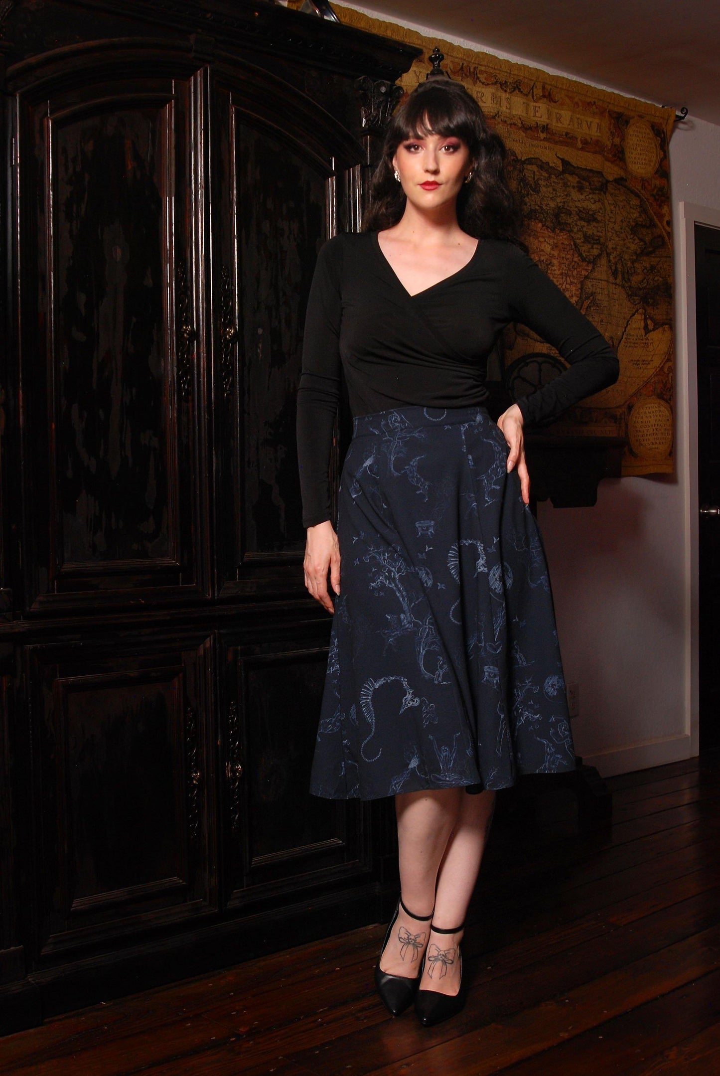 Viva 40s Tulip Skirt in Blue & Silver Witchy Toile Print | Laura Byrnes - pinupgirlclothing.com