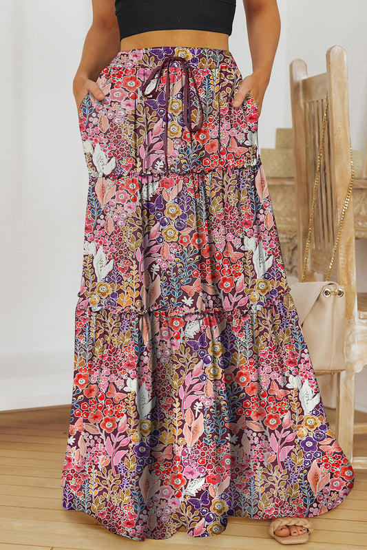 Floral Frill Trim Multicolor Tiered Maxi Skirt