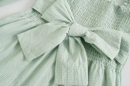 Green GINGHAM Dress Women Smocked Dress Cute Bow Tied Back Dress Female