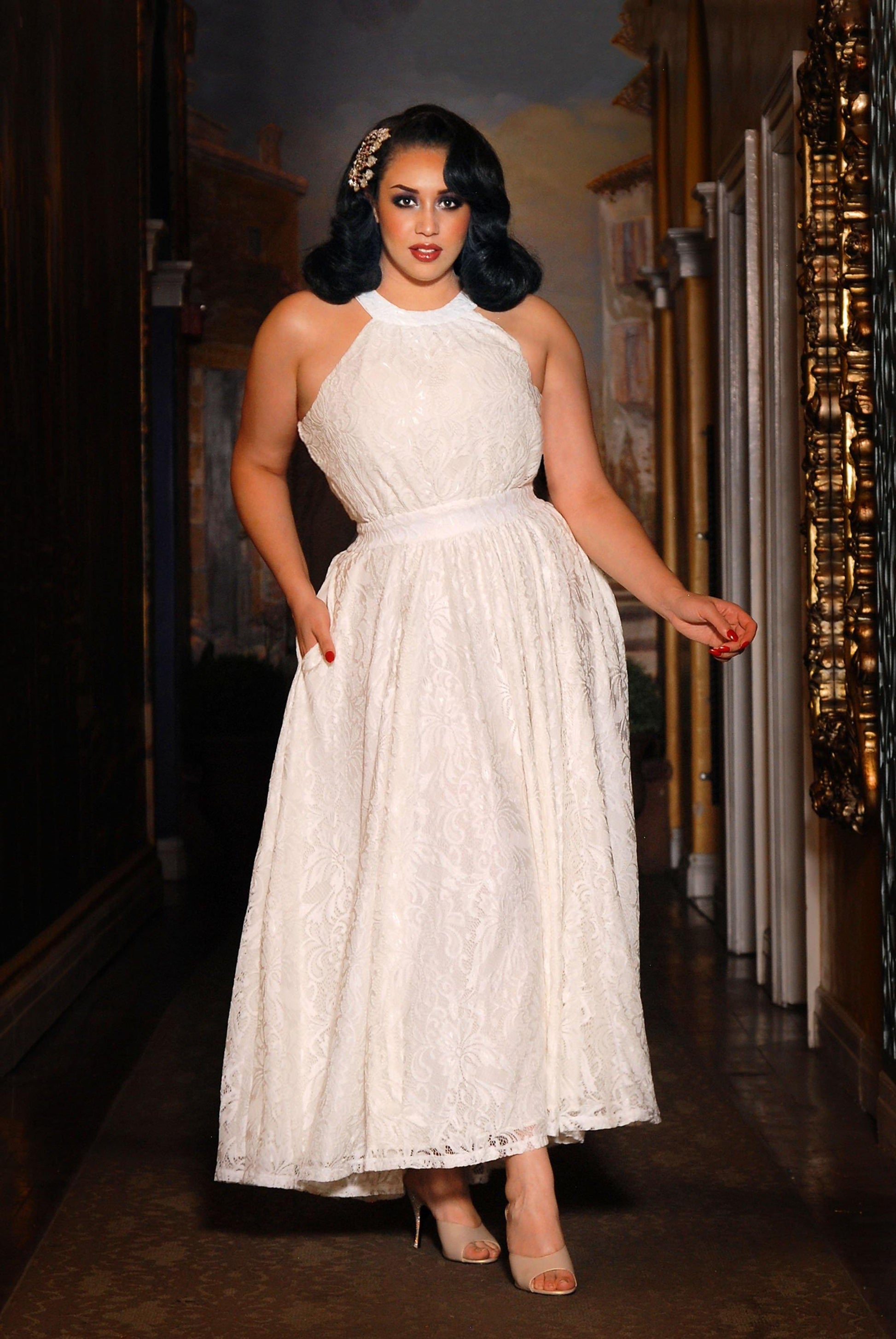 Maybelle Maxi dress in Ivory with Lace Overlay | Laura Byrnes - pinupgirlclothing.com