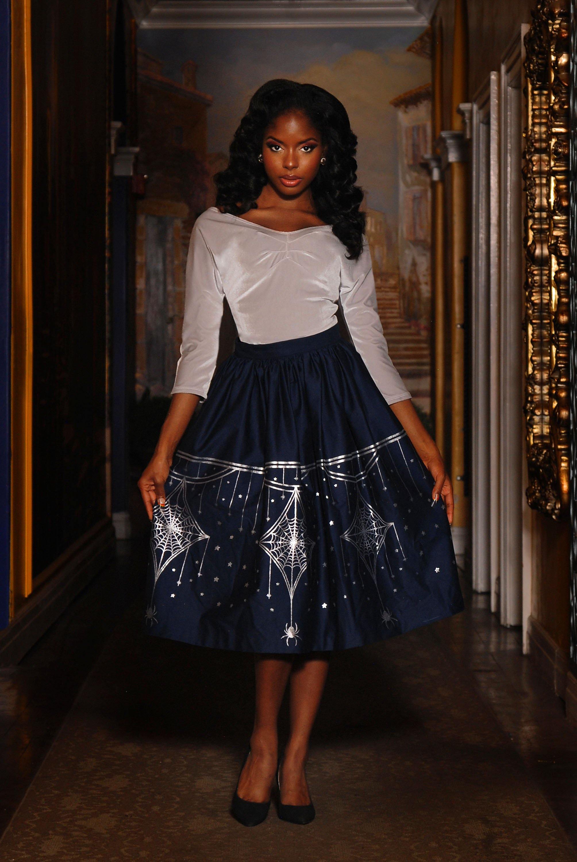 Bella Vintage Gathered Skirt In Blue & Silver Deco Spiderweb