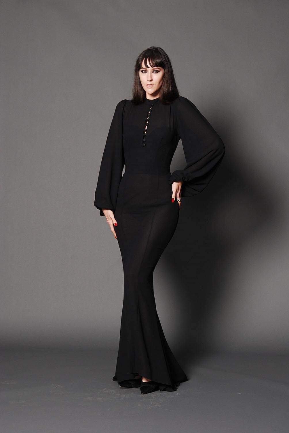 Serafina Maxi Gown in Black Crepe | Laura Byrnes - pinupgirlclothing.com