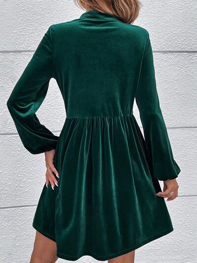 Oriana Tied Neck Balloon Sleeve Mini Dress in Emerald Green | Poundton