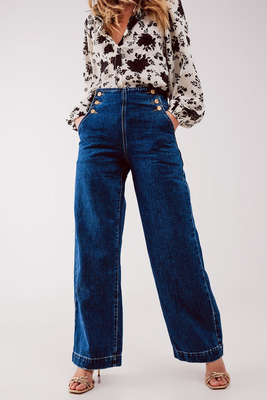 Button Front Nautical Wide Leg Denim Jeans in Mid Blue| Q2