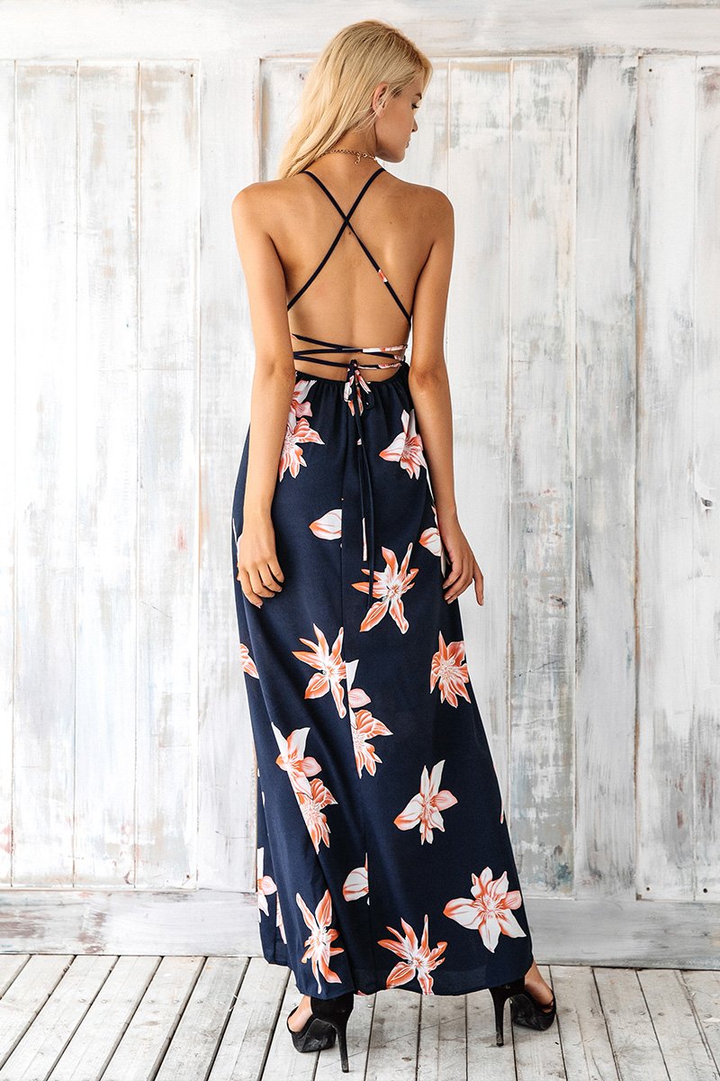 Navy & Pink Floral Tropical Deep V-Neck Sleeveless Maxi Dress