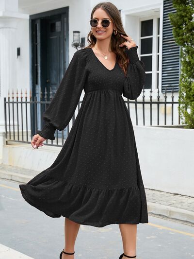 Zoe Swiss Dot V-Neck Smocked Lantern Sleeve Ruffle Hem Dress | 4 Colors