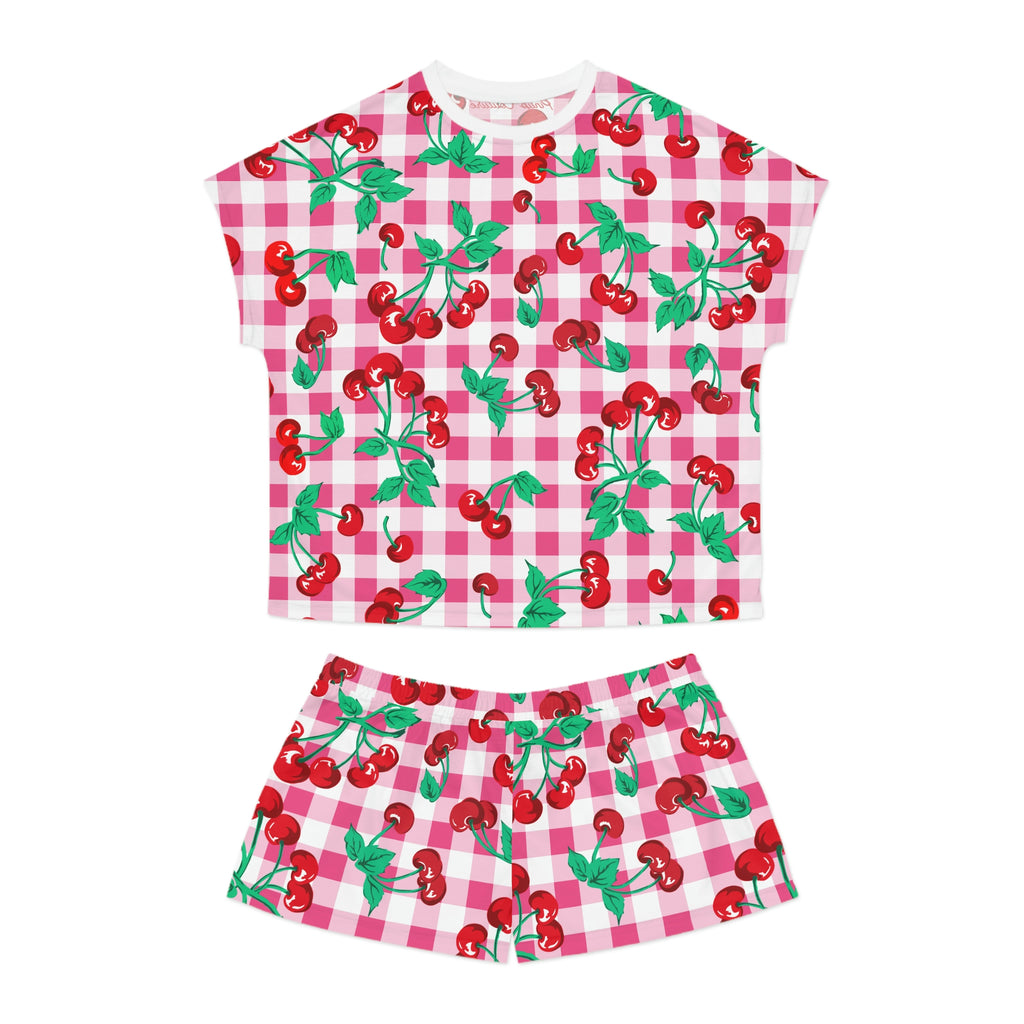 TGIF Sleepover PJs in Pink & White Gingham Cherry Girl Tee & Pajama Shorts-Set