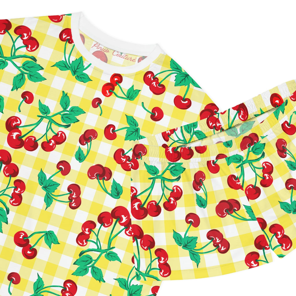 TGIF Sleepover PJs in Cherry Girl Yellow & White Gingham Tee & Pajama Shorts-Set