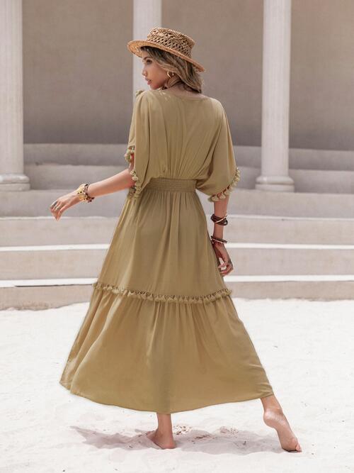 Tory Tassel Trim Smocked V-Neck Short Sleeve Dress | 6 Colors | Poundton
