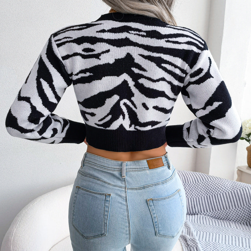 Tiger Blot Cropped Sweater in Black, Tan, or Blue