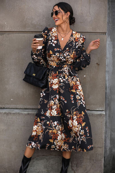 Valentina Front Ruffle Hem Midi 70s Floral Shirt Dress on Black Ground