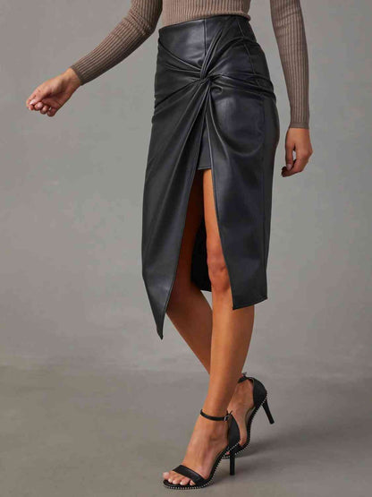 Sandra Twist Detail Faux Stretch Leather High Waist Skirt | 2 Colors | Poundton