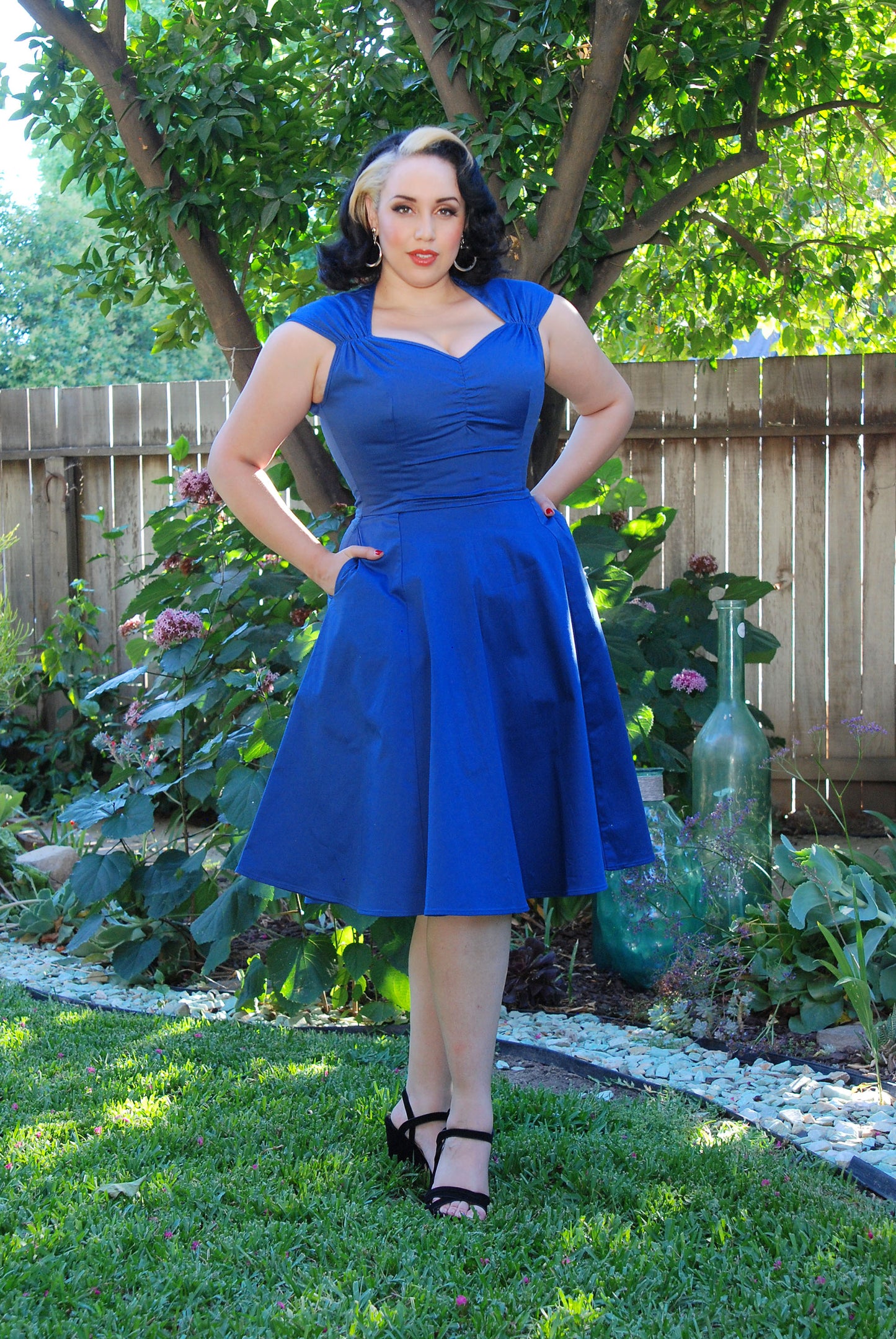 Final Sale - Vintage Style Pinup Heidi A-Line Dress in Solid Blue | Pinup Couture