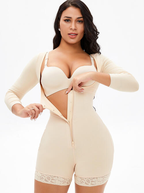 Jess Full Size Zip Up Lace Detail Long Sleeve Shapewear | 2 Colors