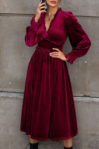 Blair Smocked Lantern Sleeve Midi Dress in Deep Rose