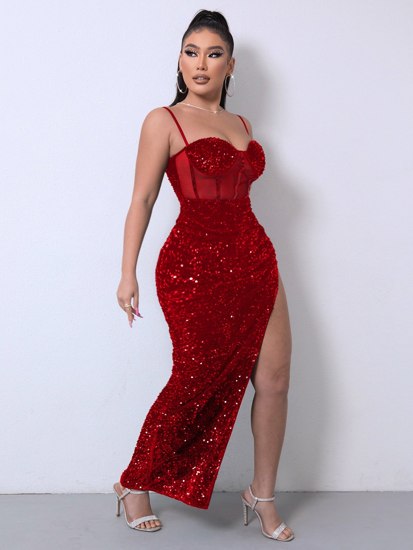 Love Infusion Sequined Bustier Maxi Dress in Black or Red
