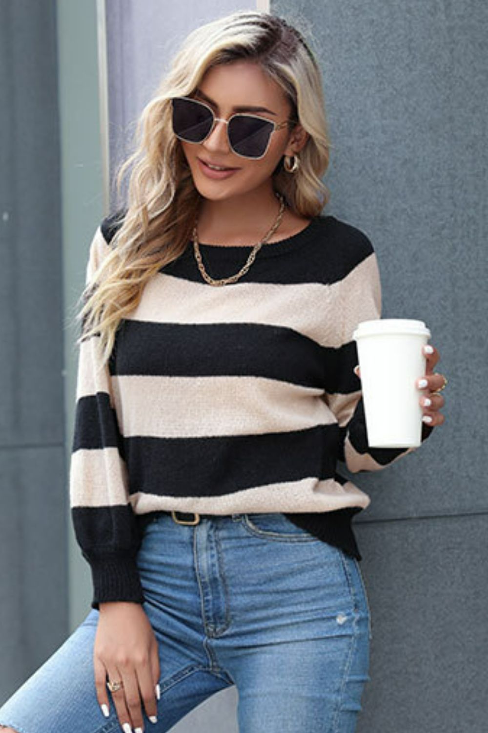 True Stripes Raglan Black & White Wide Stripe Sleeve Sweater