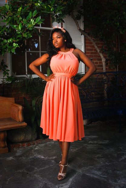 Maybelle Gathered Swing Dress in Solid Peach | Laura Byrnes - pinupgirlclothing.com