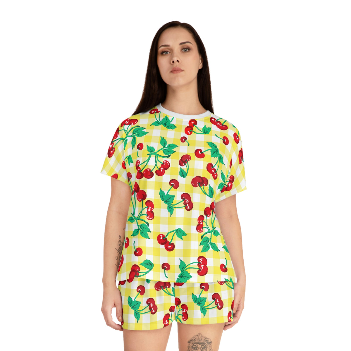 TGIF Sleepover PJs in Cherry Girl Yellow & White Gingham Tee & Pajama Shorts-Set