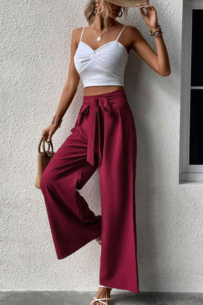 Carmen Tie Front Wide Leg Palazzo Pants in Solid Wine