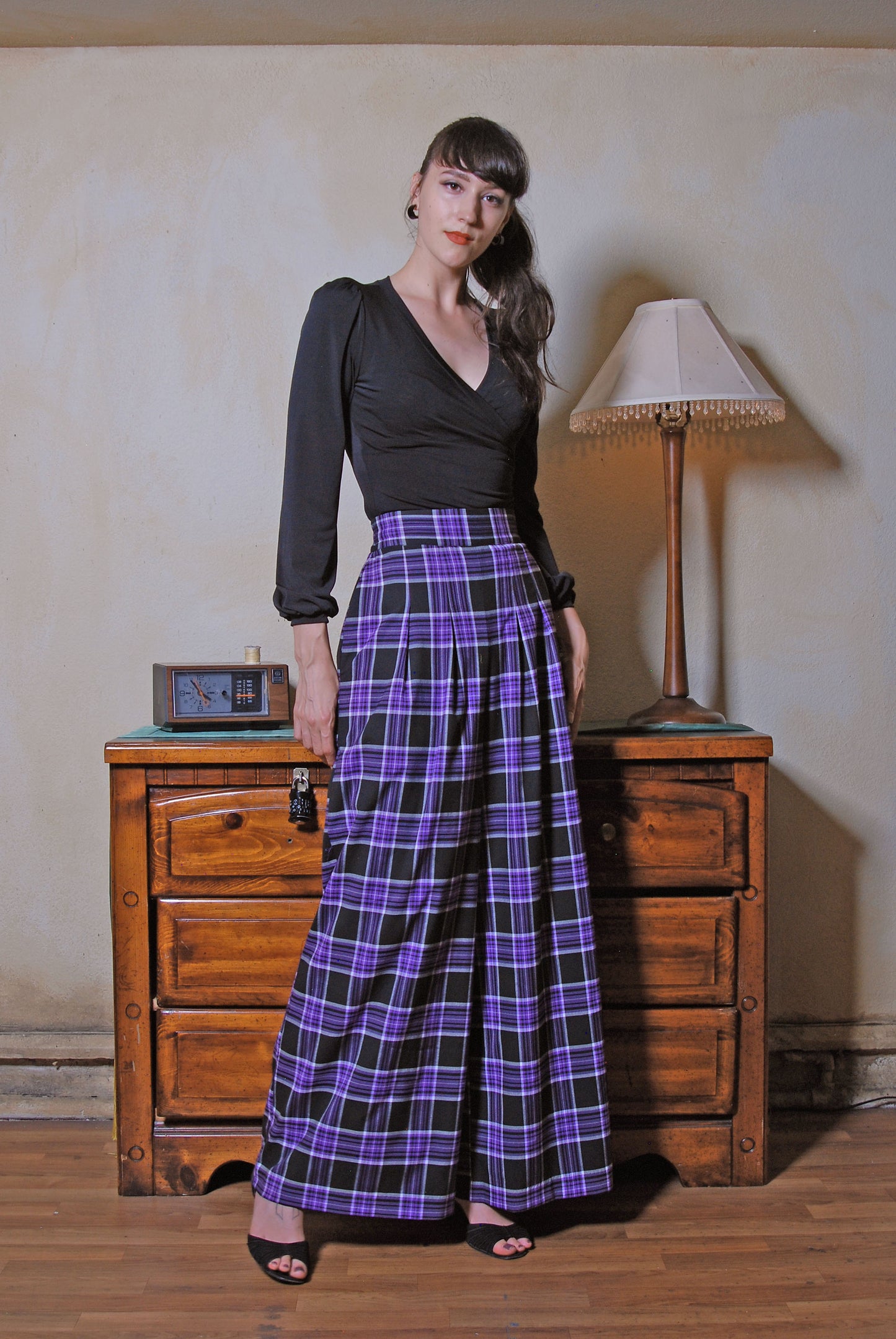 OYS - XS - Final Sale - Dietrich 40s Wide Leg Vintage Trousers in Purple Plaid 32" Inseam | Laura Byrnes Design