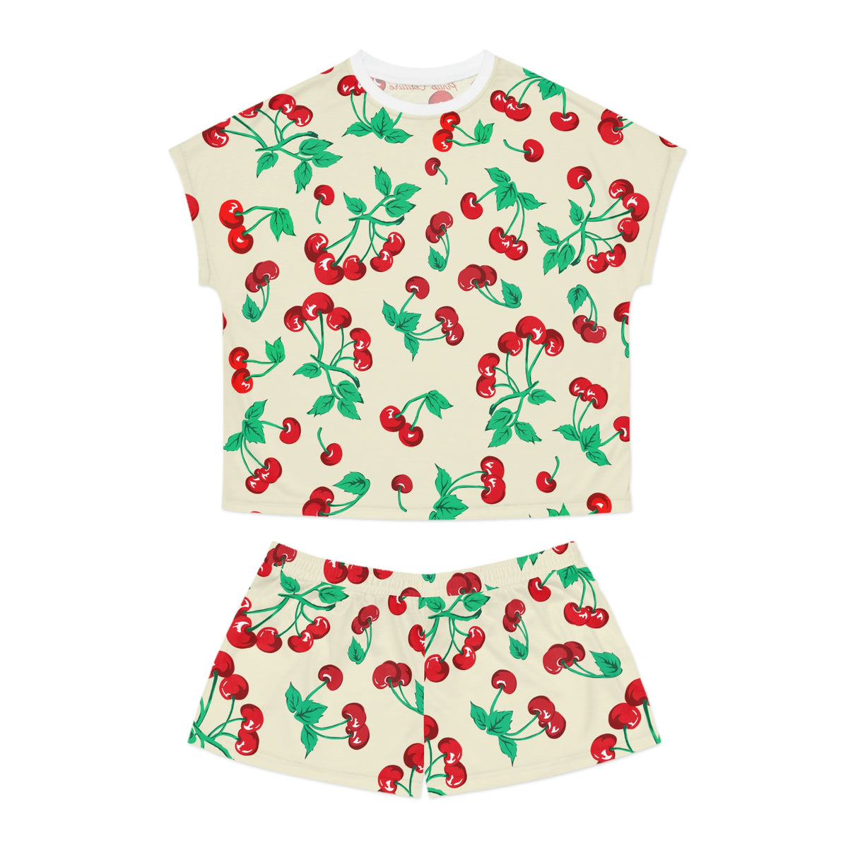 TGIF Sleepover PJs in Antique Ivory Cherry Girl Tee & Pajama Shorts-Set