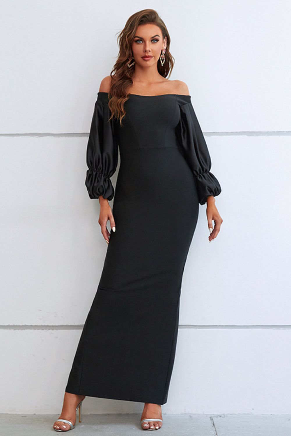Billow Talk Wiggle Dress with Off-Shoulder Bubble Sleeves in Black
