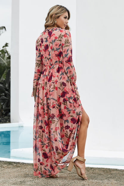 Floral Frill Trim Flounce Sleeves Plunge Maxi Dress