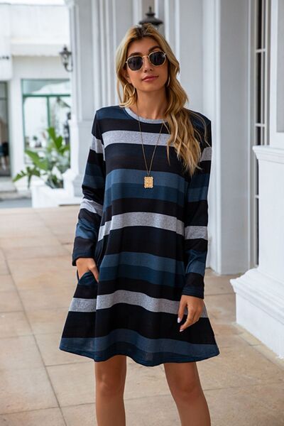 Clarissa Striped Round Neck Long Sleeve Dress | 4 Colors