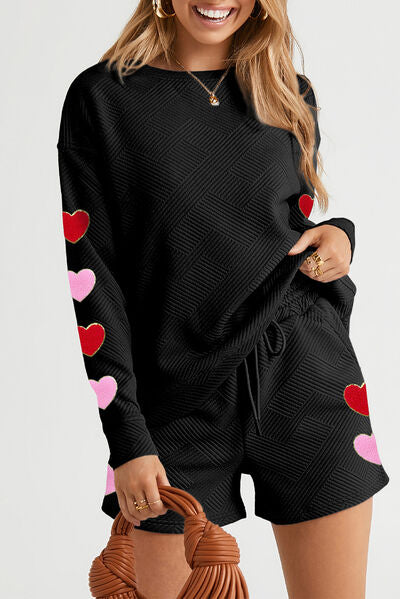 Love, Amy Top and Drawstring Loungewear Shorts Set with Heart Detail in Solid Black