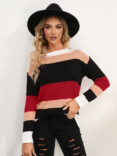 Peyton Striped Round Neck Dropped Shoulder Sweater | 5 Colors | Poundton