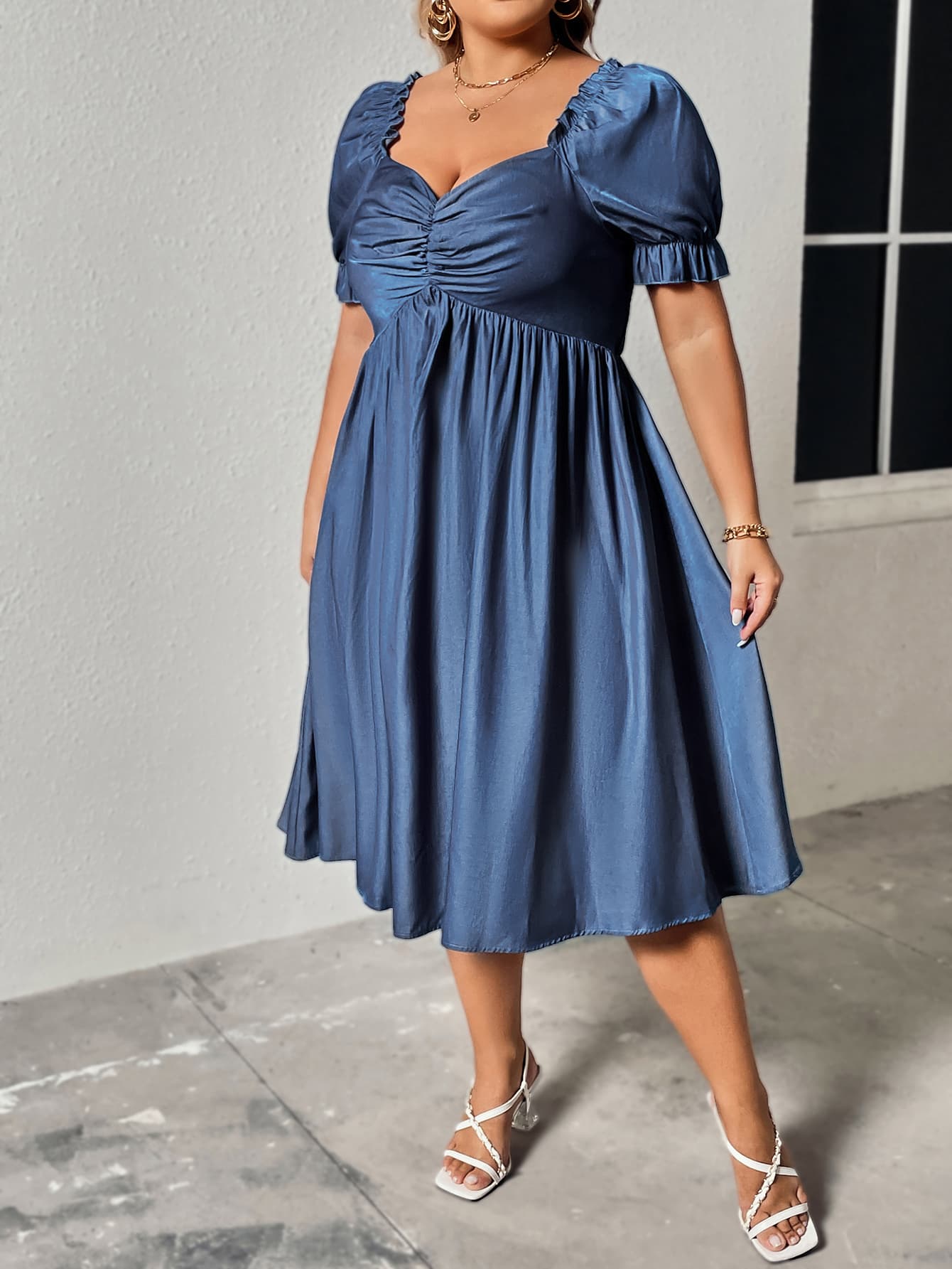 Sapphire Stylish Plus Size Sweetheart Neck Summer Dress in Cobalt Blue