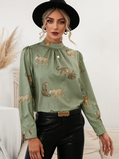 Call of the Wild Leopard Graphic Mock Neck Puff Sleeve Blouse