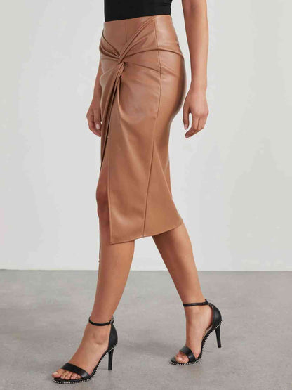 Sandra Twist Detail Faux Stretch Leather High Waist Skirt | 2 Colors | Poundton