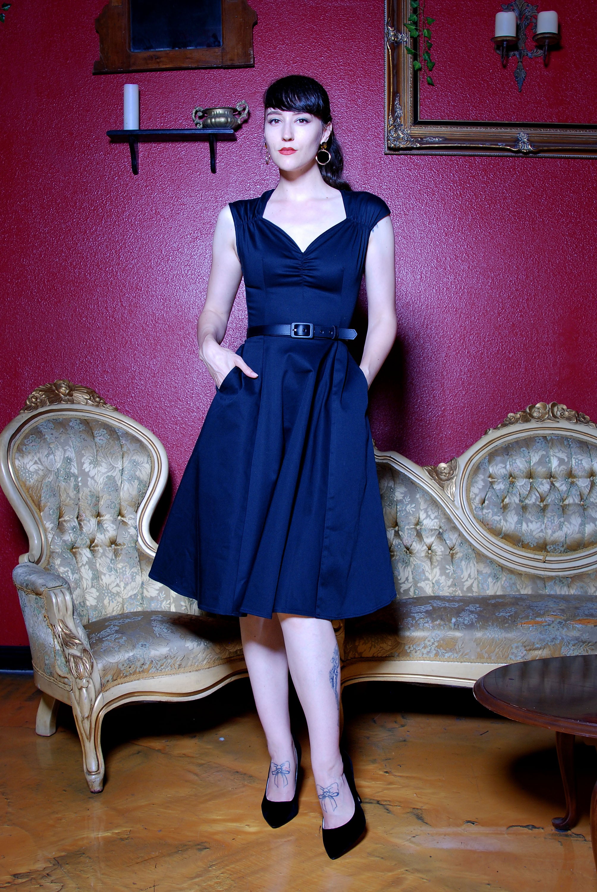 OYS Final Sale Heidi Vintage A Line Dress in Solid Black Cotton Sat pinupgirlclothing