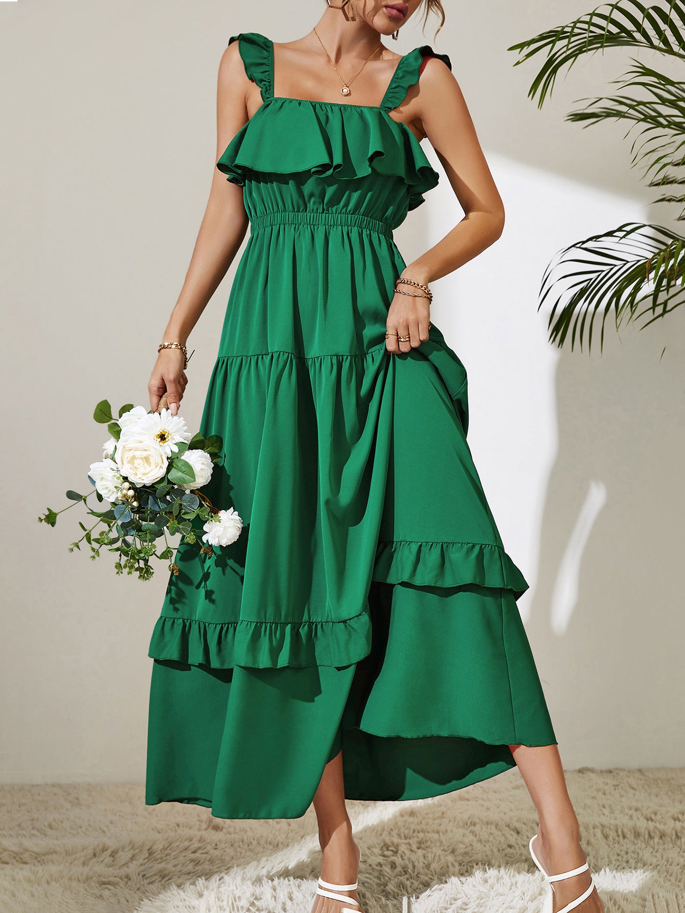 Green Gables Tiered Ruffle Peasant Day Maxi Dress in Kelly Green