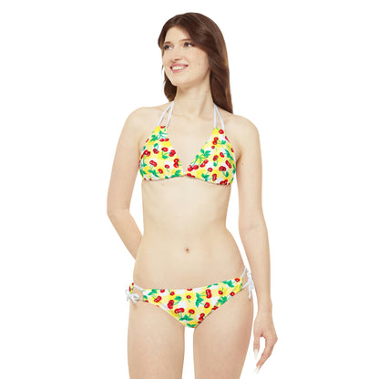 Alex Yellow Gingham Cherry Print Strappy Bikini Set | Pinup Couture Swim