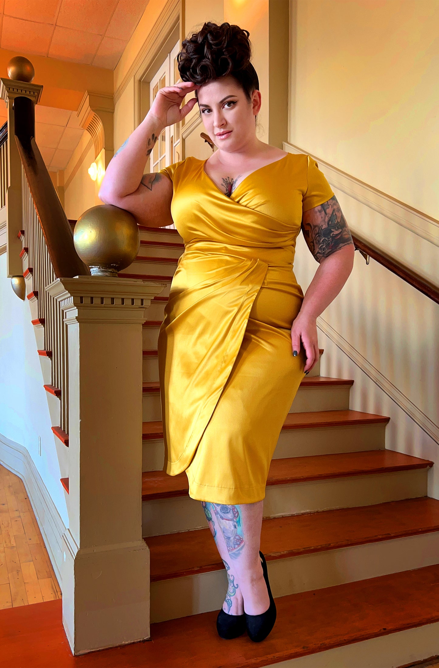 Final Sale - Ava Faux Wrap Wiggle Dress in Golden Mustard Satin | Pinup Couture